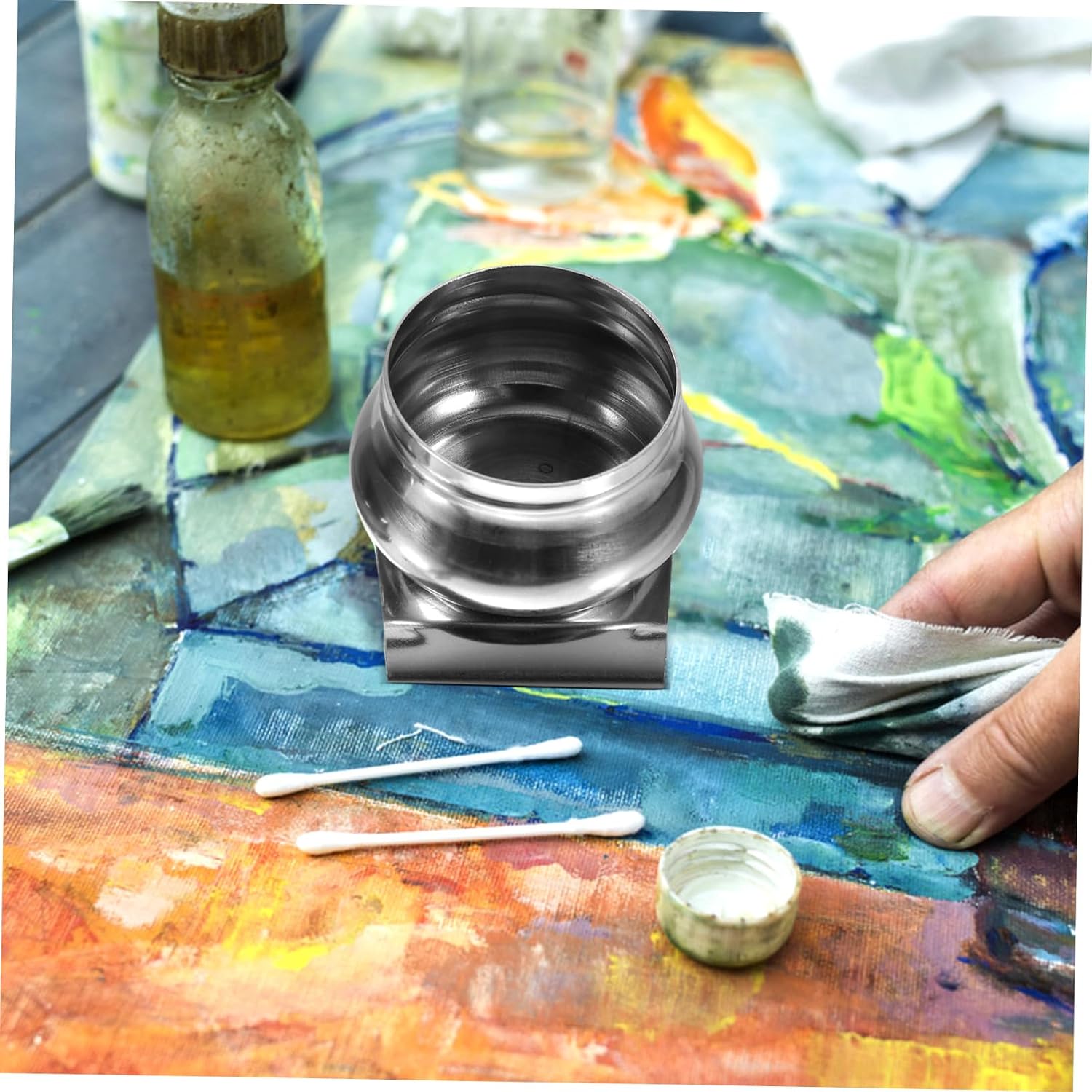 KALLORY 2pcs Stainless Steel Oil Palette Cups Mouth Dipper Palette Cup Lid for Artists Portable