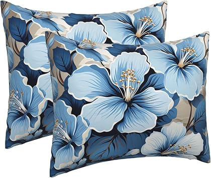 Pillowcases Set of 2, Blue Hibiscus Flower Pillow Cases for Hair and Skin, Soft Breathable Pillow Cases Cover with Hidden Zipper, 16x20 Inches Pillow Covers for Sleeping Gift