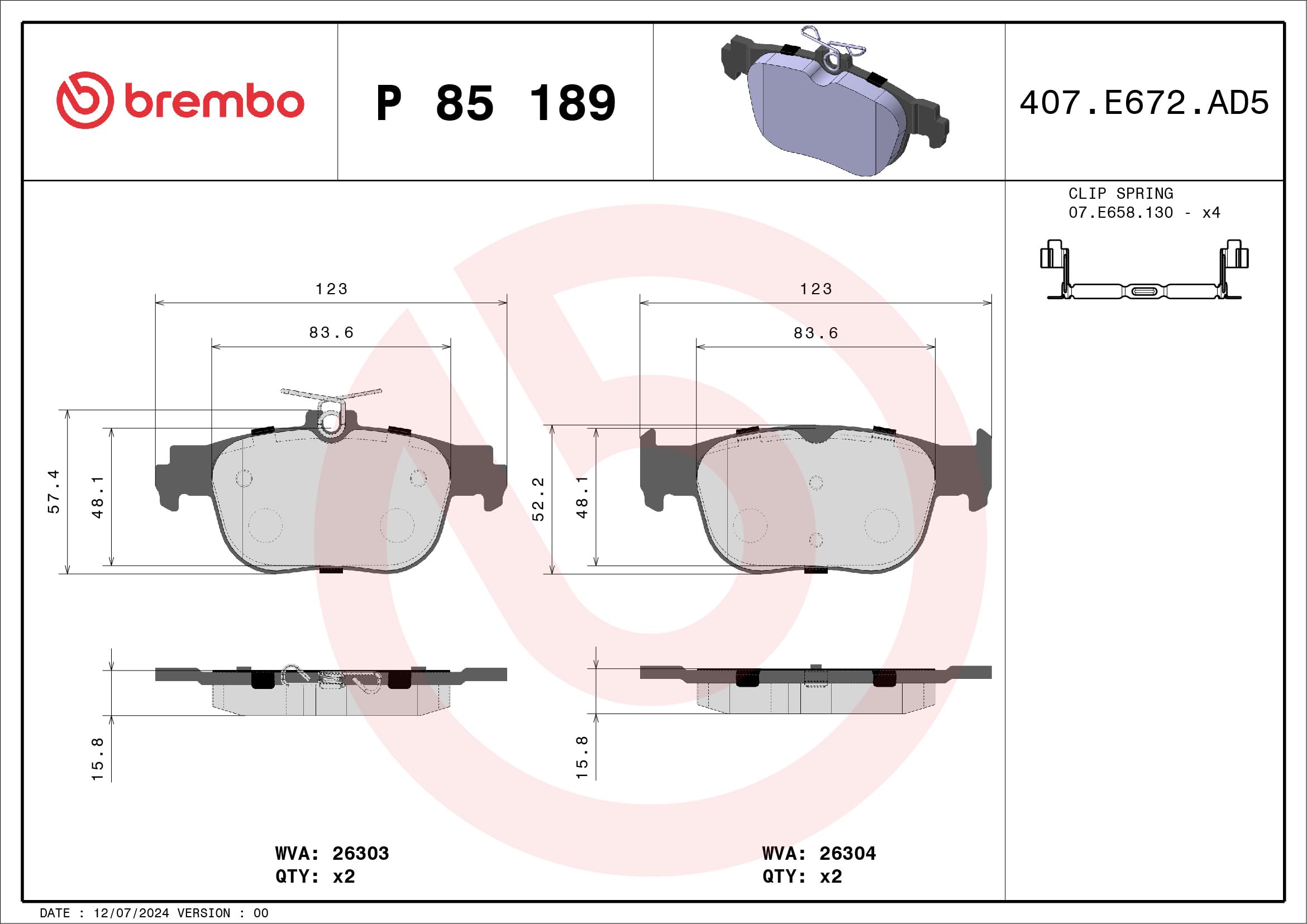 BREMBO Kit pastiglie freno, Freno a disco P85189 Compatibile con: AUDI A3 Limousine, A3 Sportback, CUPRA FORMENTOR, LEON, LEON Sportstourer