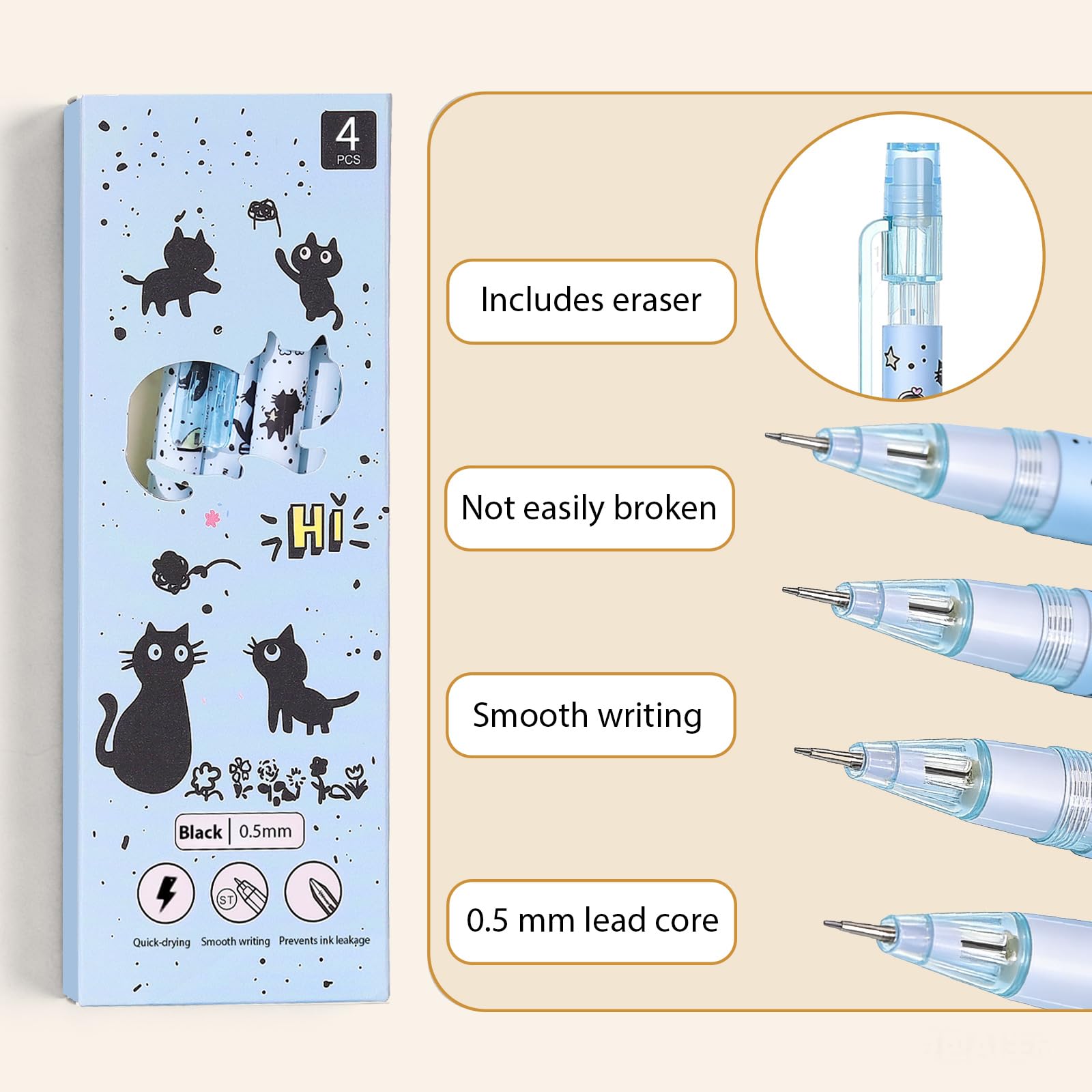 Druckbleistifte mit niedlicher Katze, 0,5 mm, Druckbleistift, Kawaii-Bleistifte, Schulbleistift für Studenten, Frauen, Büro, Schulbedarf, 8 Stück