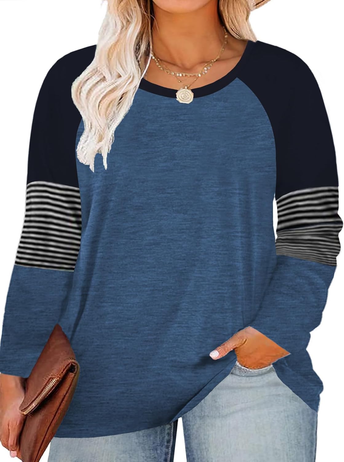 ROSRISS Plus-Size Tops for Women Raglan Short/Long Sleeve Color Block Striped T-Shirts