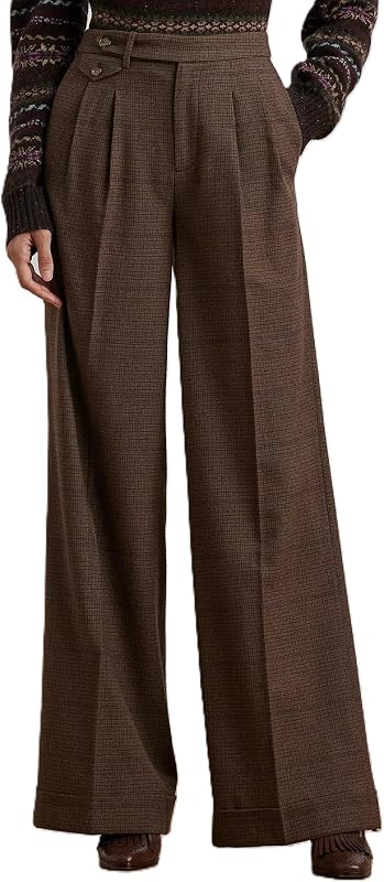 Lauren Ralph Lauren Pantalones anchos de lana plisados ​​a cuadros para mujer