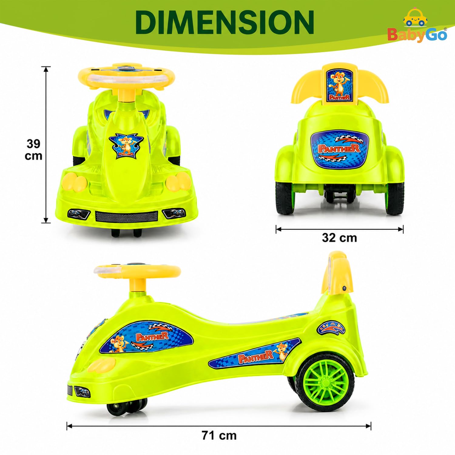 BabyGo Baby Panther Swing Magic Car Ride On Toy for Kids with Comfortable Seat & Durable Wheels | Push Ride On Twister Swing Car | Indoor Outdoor Fun Ride On Car for Boys & Girls Age 2+ (Green) 1