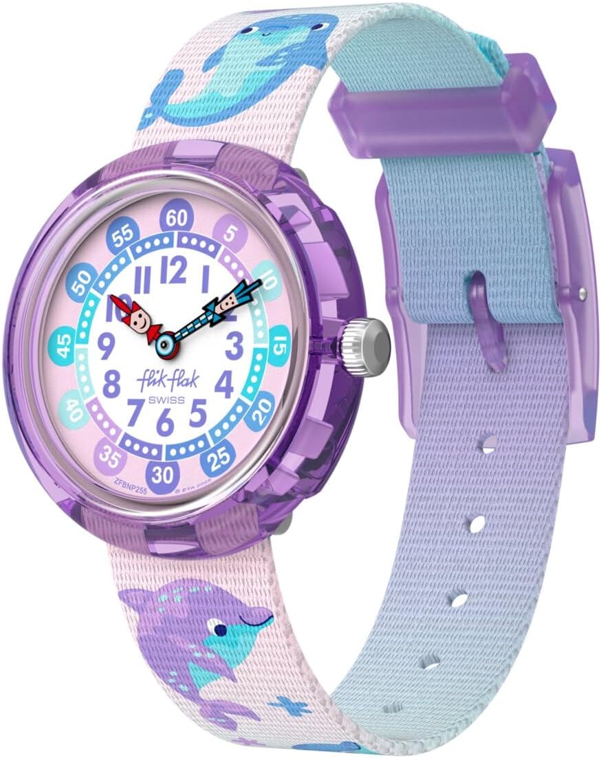 Flik Flak Girls Kids Watch Casual Purple Bio-sourced Quartz Waterproof Happy Dolphins