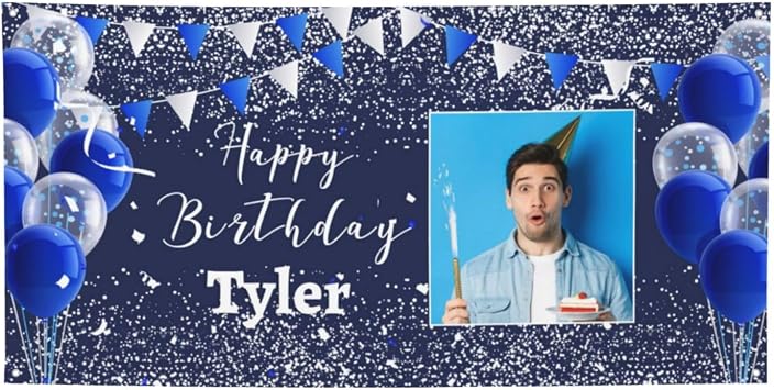 Personalized Happy Birthday Photo Text Custom Birthday Banner Sign for Men Women - Blue - Outdoor/Indoor Decoration Backdrop