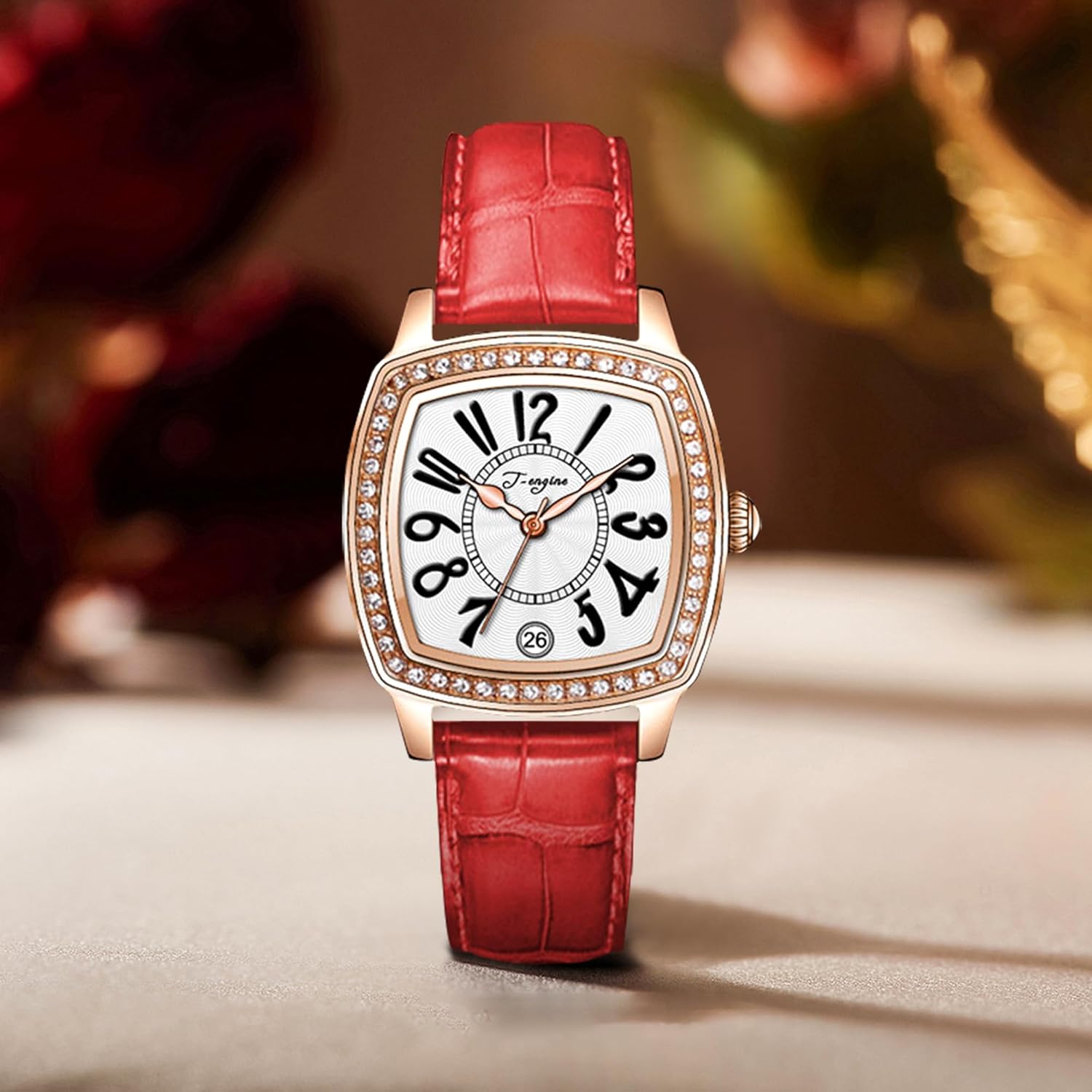 T-ENGINE Luxury Women's Watch with Genuine Leather Strap, Diamond Inlay | Fashion Vintage Design - Image 4