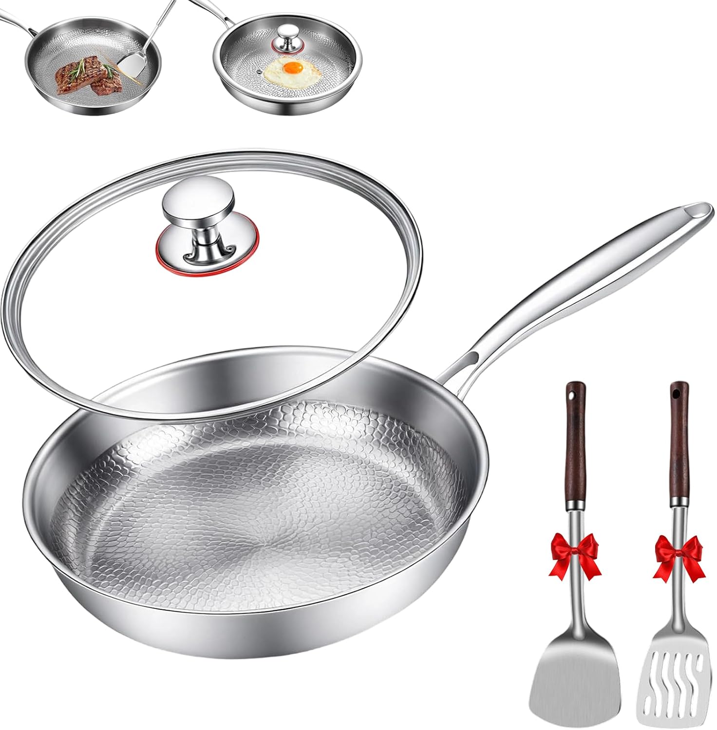 Titanium Pan,Titanium Hammered Frying Pan With Lid,Upgraded Non-Stick Without Coating Titaniums Pro Cookware,Scratch-Resistant, Compatible With Most Cooktops (With Lid, 10.23in)