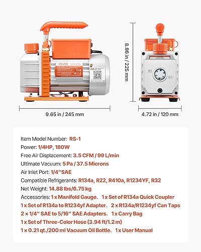 Miniatura 7 de VEVOR Juego de bomba de vacío y medidor de CA, 3.5 CFM 14 HP, bomba de vacío HVAC de paletas rotativas de una etapa, kit de manómetro de colector de
