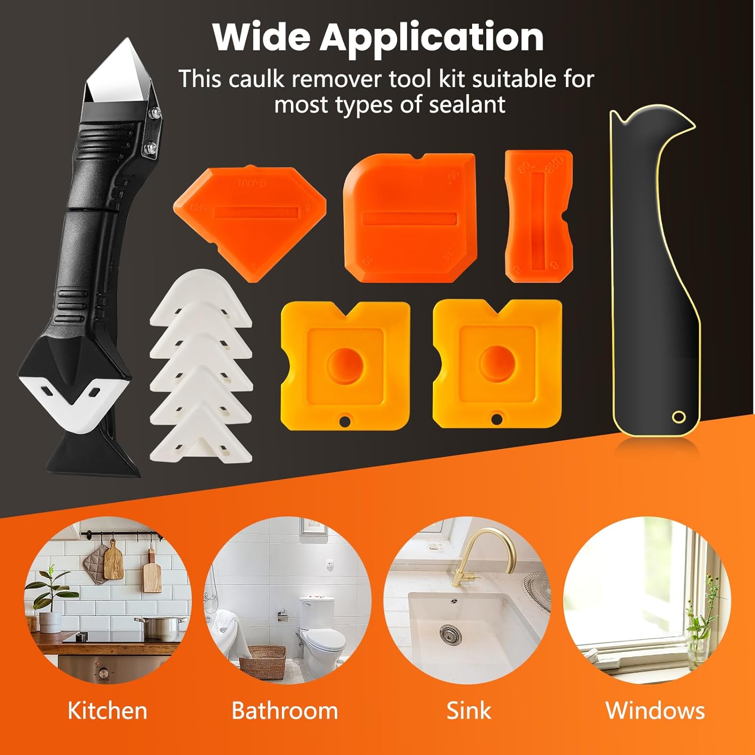 3 in 1 Silicone Caulking Tools（Stainless Steelhead), 12pack, Caulk Remover Tool Kit with Replace Silicone Padsgood Pads and Caulk Finishing Tools, Caulking Tool Kit for Kitchen, Bathroom