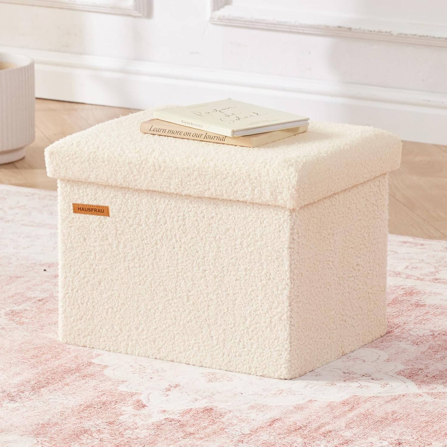HAUSFRAU Ottoman with Storage Foot Rest Stool, Small Folding Footrest, Tufted Square Cube Seat for Living Room, Bedroom, Dorm, 12.2" x 16.5"x 12.2", Sherpa Beige