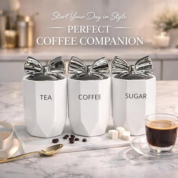 BML Ceramic Tea Coffee Sugar Canisters Set Airtight Kitchen Storage Jars Decorative Countertop Canister Set with Silver Bow Lids Ideal Housewarming Gift & New Home Kitchen Accessory