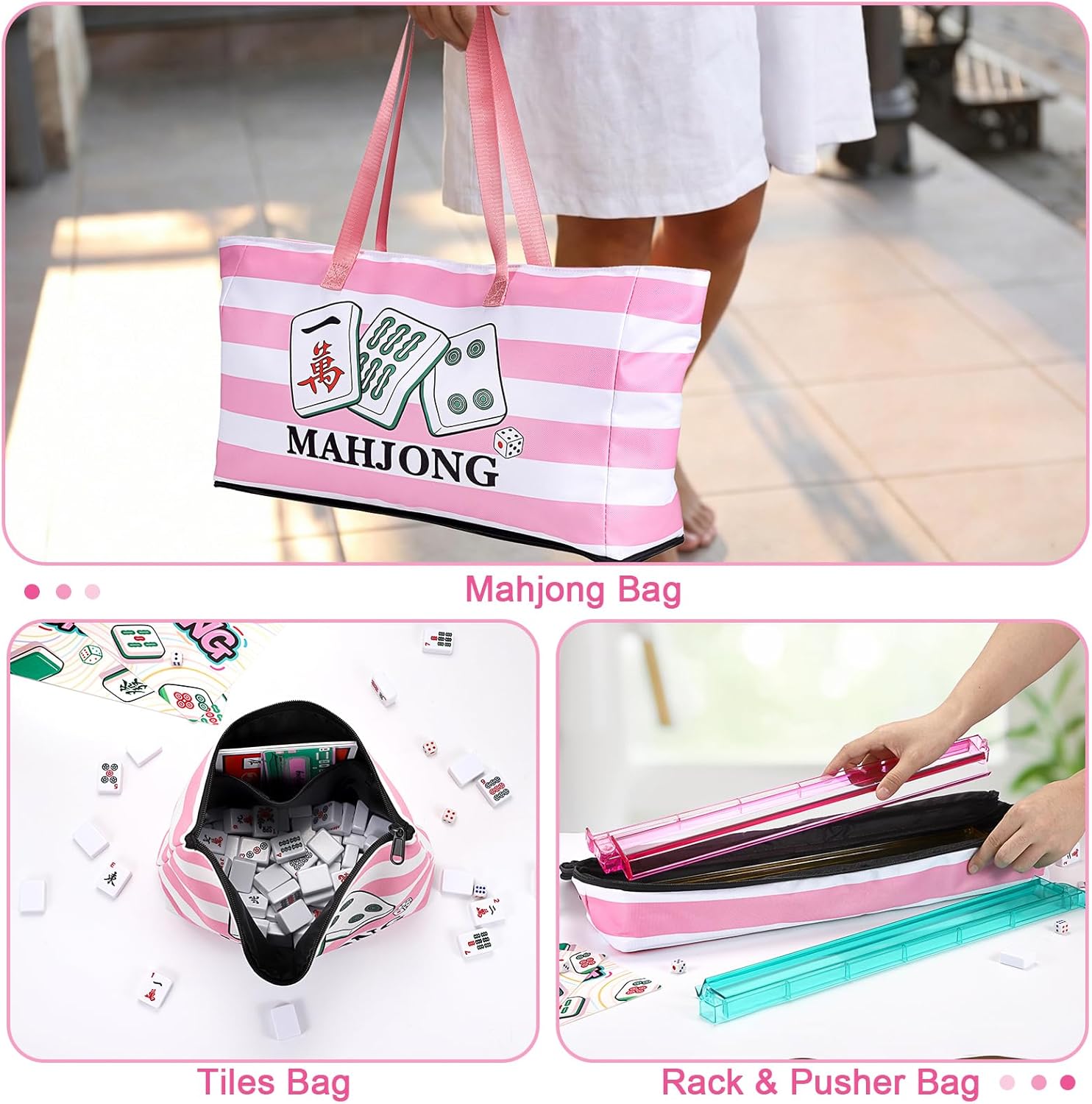 Empty Mahjong Bags Set of 3, Mahjong Carrying Storage Bag for Tiles and Racks, Fabric American Mahjong Accessories Organizer with Zippers, Portable Mahjong Tile Case for Game Party Gathering