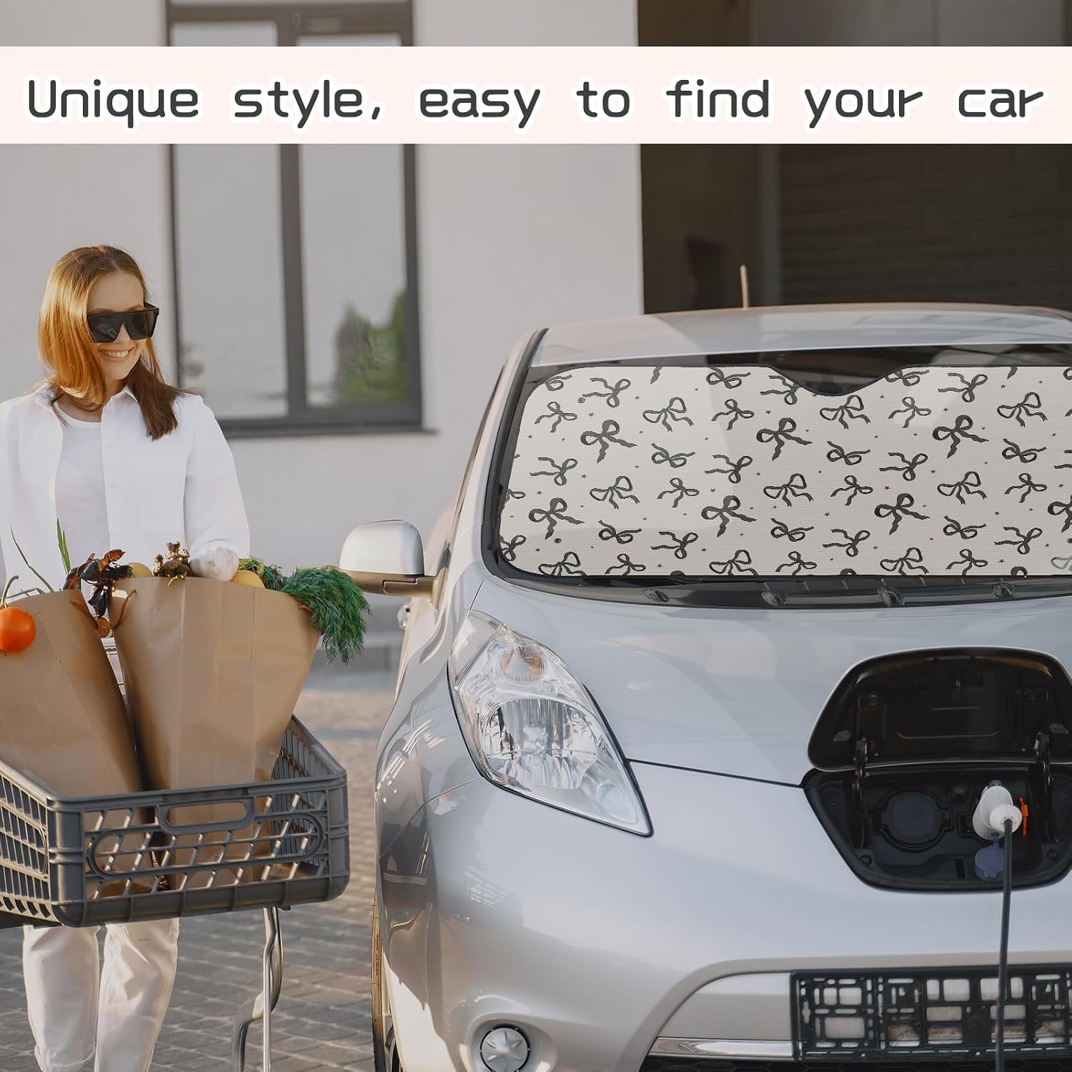 DaisyInner Black Bow Car Windshield Sun Shade Cute Cars Visor Front Windshield Sun Protector to Keep Cooler Vehicle Automotive Sunshade Interior Heat and UV Protection 55 x 27.6 Inch image 5