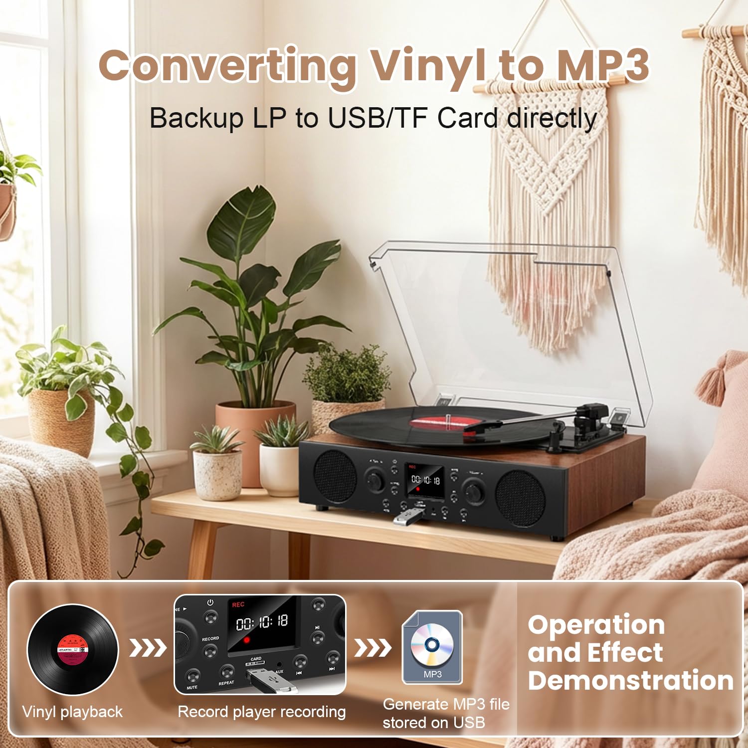 Giradischi in vinile con altoparlante integrato, giradischi Bluetooth con registrazione USB, giradischi vintage a 3 velocità con ricezione Bluetooth, radio FM, uscita RCA e AXU-in, lettore in vinile