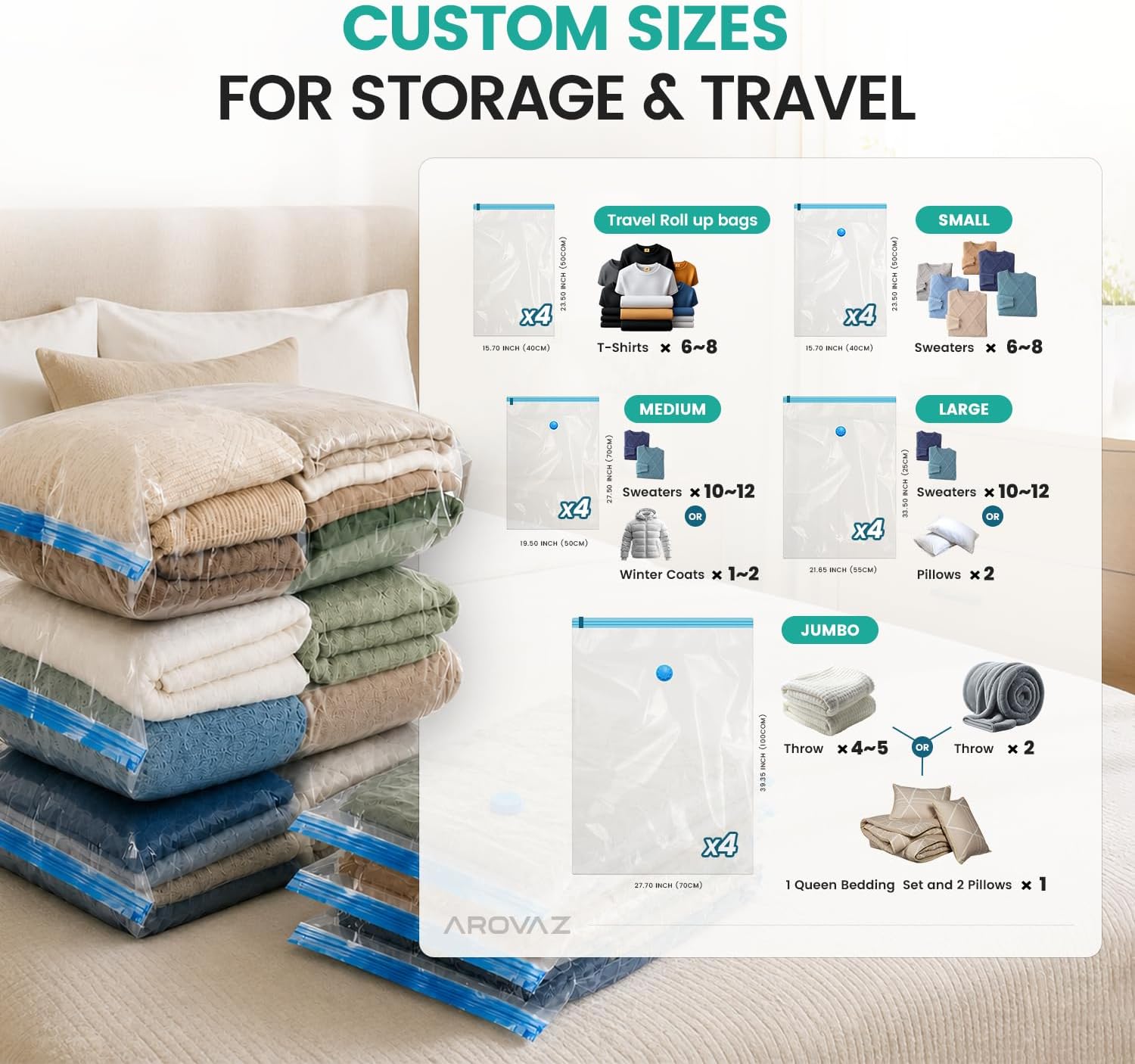 Vacuum Storage Space Saver Bags 80% Compression for Clothing Travel, Plastic Space Saver Suction Bag Clothes, Blankets, Bedding Jumbo Large (20 Pack) Hand Pump