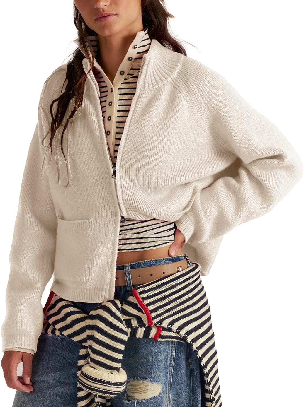 Haellun Zip Up Sweaters for Women Double Zipper Open Front Cardigan Sweater Ribbed Knit Coats with Pockets