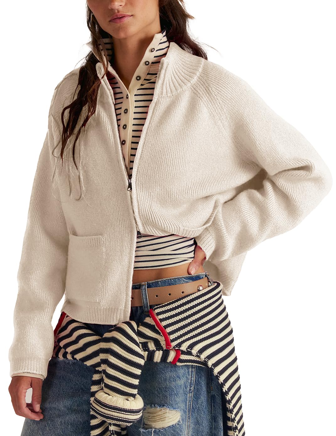 Zip Up Sweaters for Women Double Zipper Open Front Cardigan Sweater Ribbed Knit Coats with Pockets-image-10