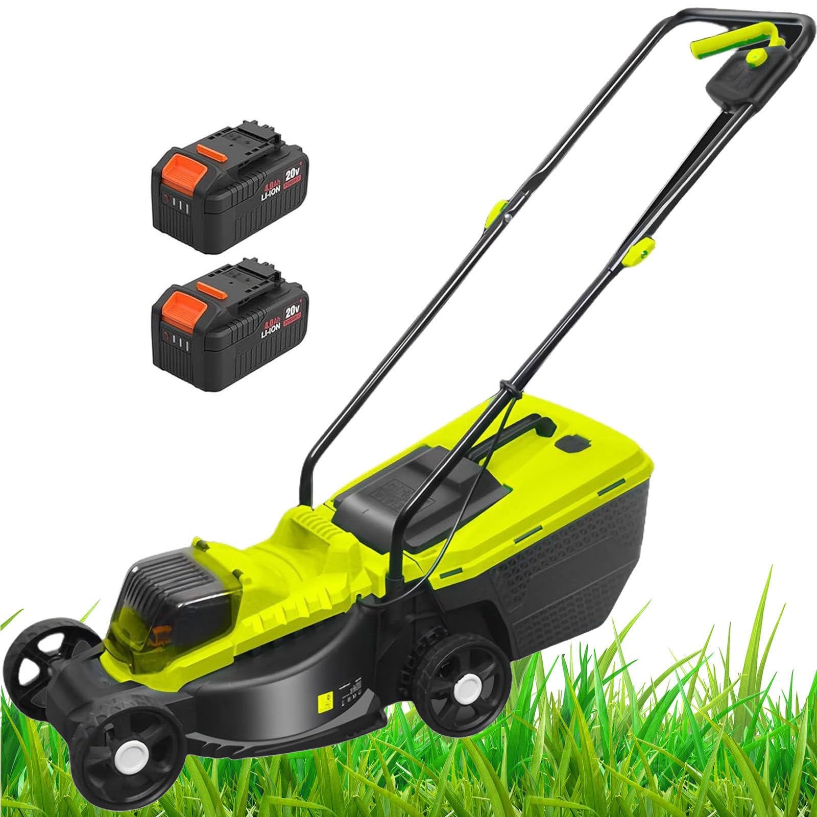 Tosaerba a Spinta, con Regolazione della profondità a 3 Posizioni, Sacco di Raccolta Rimovibile, Chiusura Rapida, 2 batterie al Litio da 4,0 Ah, per Prati e Giardino, Verde