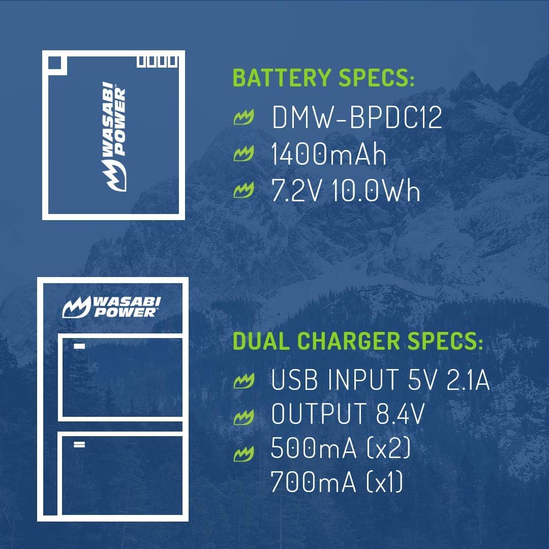 Wasabi Power Battery (2-Pack) and USB-C Dual Charger for Leica BP-DC12, 18729 and Leica V-Lux 4, V-Lux (Typ 114), Q, Q-P