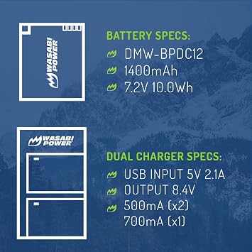 Wasabi Power Battery (2-Pack) and USB-C Dual Charger for Leica BP-DC12, 18729 and Leica V-Lux 4, V-Lux (Typ 114), Q, Q-P