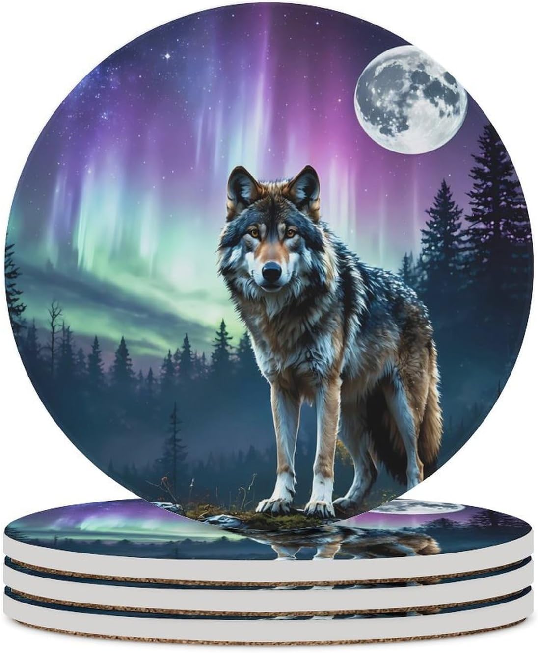 Wolf and Moon Round Ceramic Coasters Print Drinks Absorbent with Cork Base for Home Decor Gifts 4 Inch