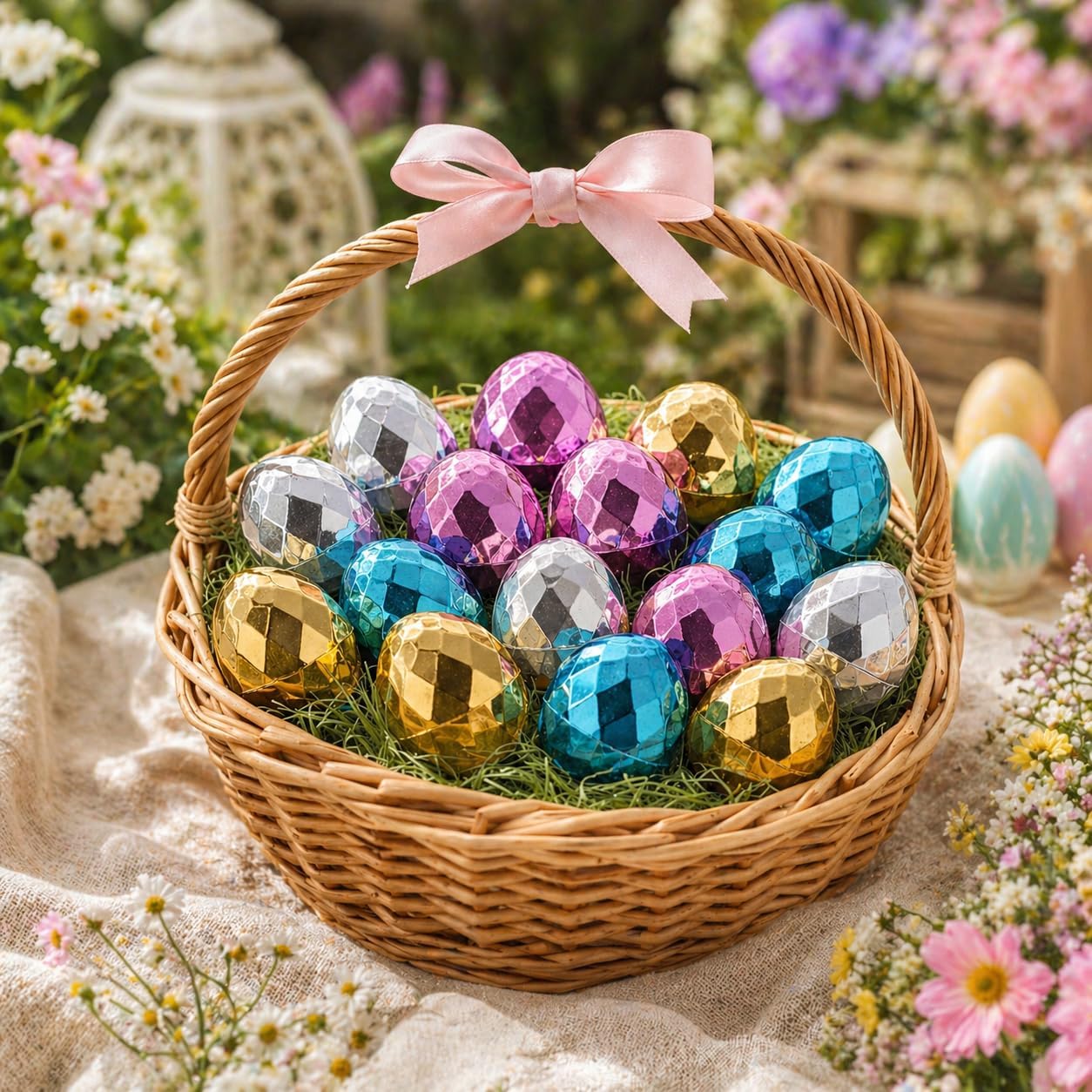 Set of 16 Multicolored Metallic Diamond Plastic Easter Eggs, 2.45 Inches
