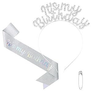 BAHABY It's My Birthday Sash & Headband Set, Silver - Hairband Accessory for Women Celebrating Their Birthday, 2 Pieces Included