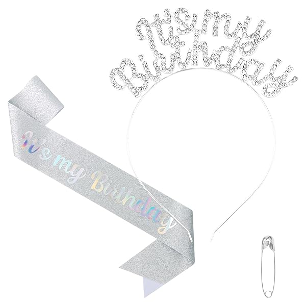 BAHABY It's My Birthday Sash & Headband Set, Silver - Hairband Accessory for Women Celebrating Their Birthday, 2 Pieces Included