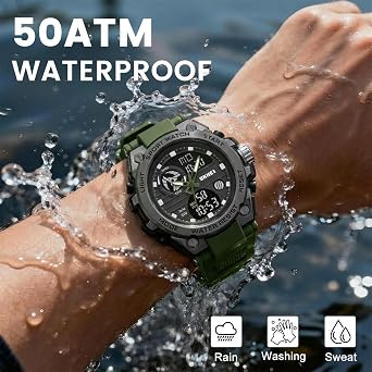 Skmei メンズデジタルスポーツウォッチ、ミリタリー防水ウォッチ、ledスクリーンラージフェイスストップウォッチ、アラーム腕時計。, アーミーグリーン-1, ミリタリー。
