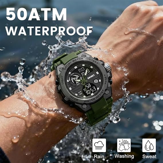 Skmei メンズデジタルスポーツウォッチ、ミリタリー防水ウォッチ、ledスクリーンラージフェイスストップウォッチ、アラーム腕時計。, アーミーグリーン-1, ミリタリー。