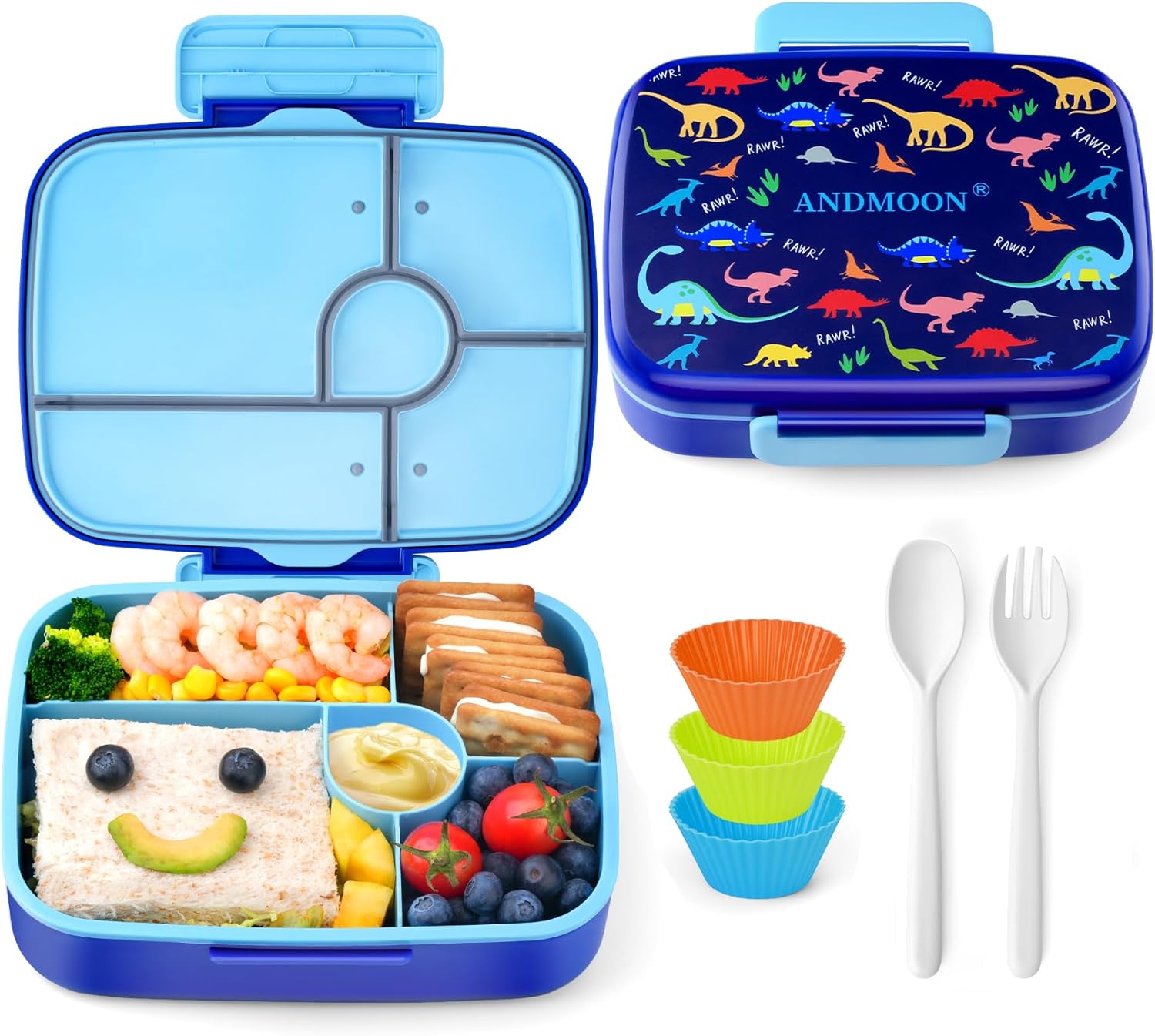 ANDMOON Bento Box for Kids Lunch Box Leak-Proof, Bento Lunch Box with 5 Compartments, Lunch Containers with 3 Silicone Baking Cups, Microwave/Dishwasher Safe (Blue Dinosaur/43OZ)