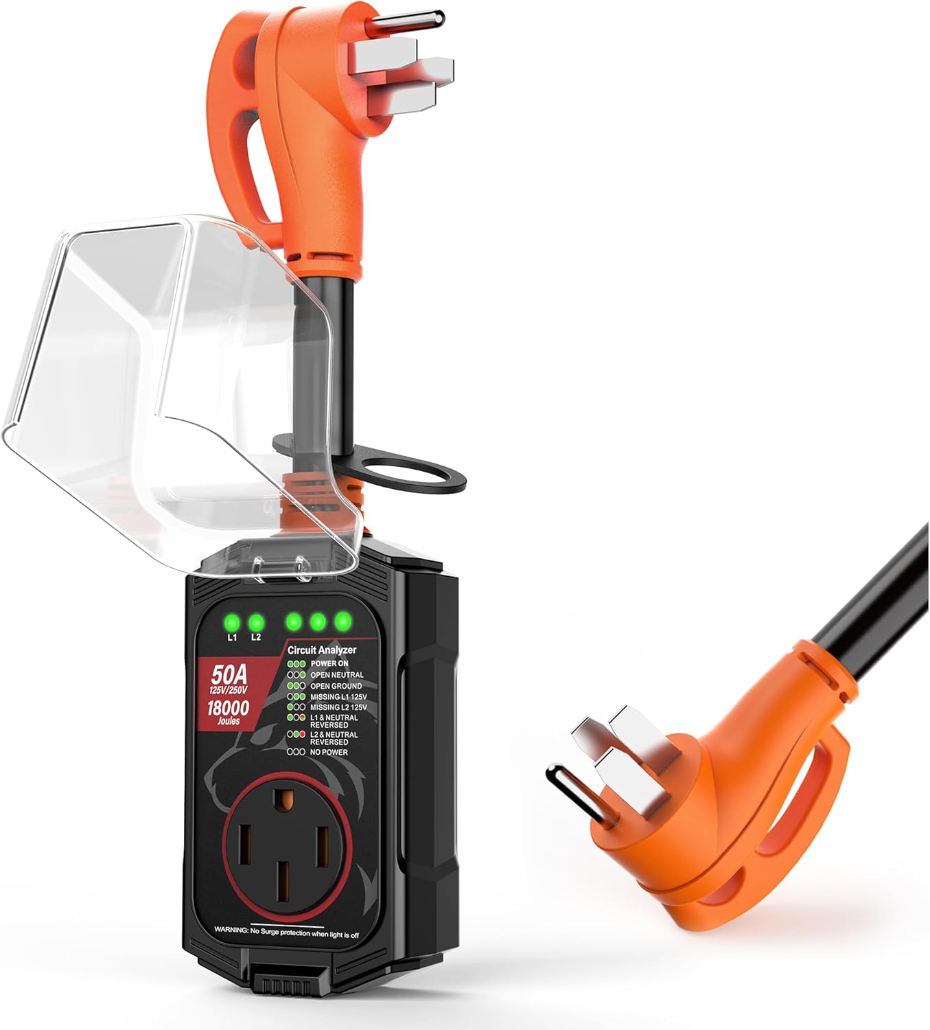 Vehiker 18000 Joules-RV Surge Protector 50 Amp, IP68 RV Power Surge Voltage Protection, RV Adapter Plug for Camper, Circuit Analyzer for Travel Trailers with Automatic Protection(Orange)