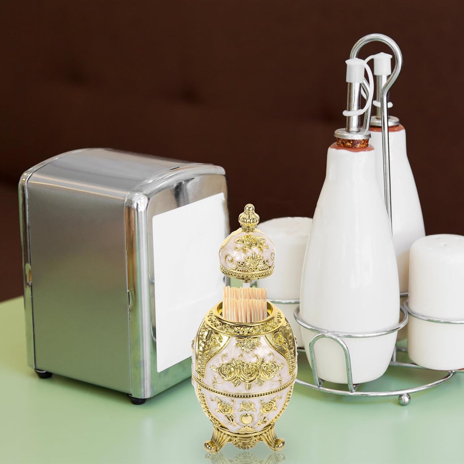 Vintage Rose Toothpick Holder Dispenser White Gold Plated Press-style Toothpick Case for Table with Cover Decorative Kitchen Accessory image 5