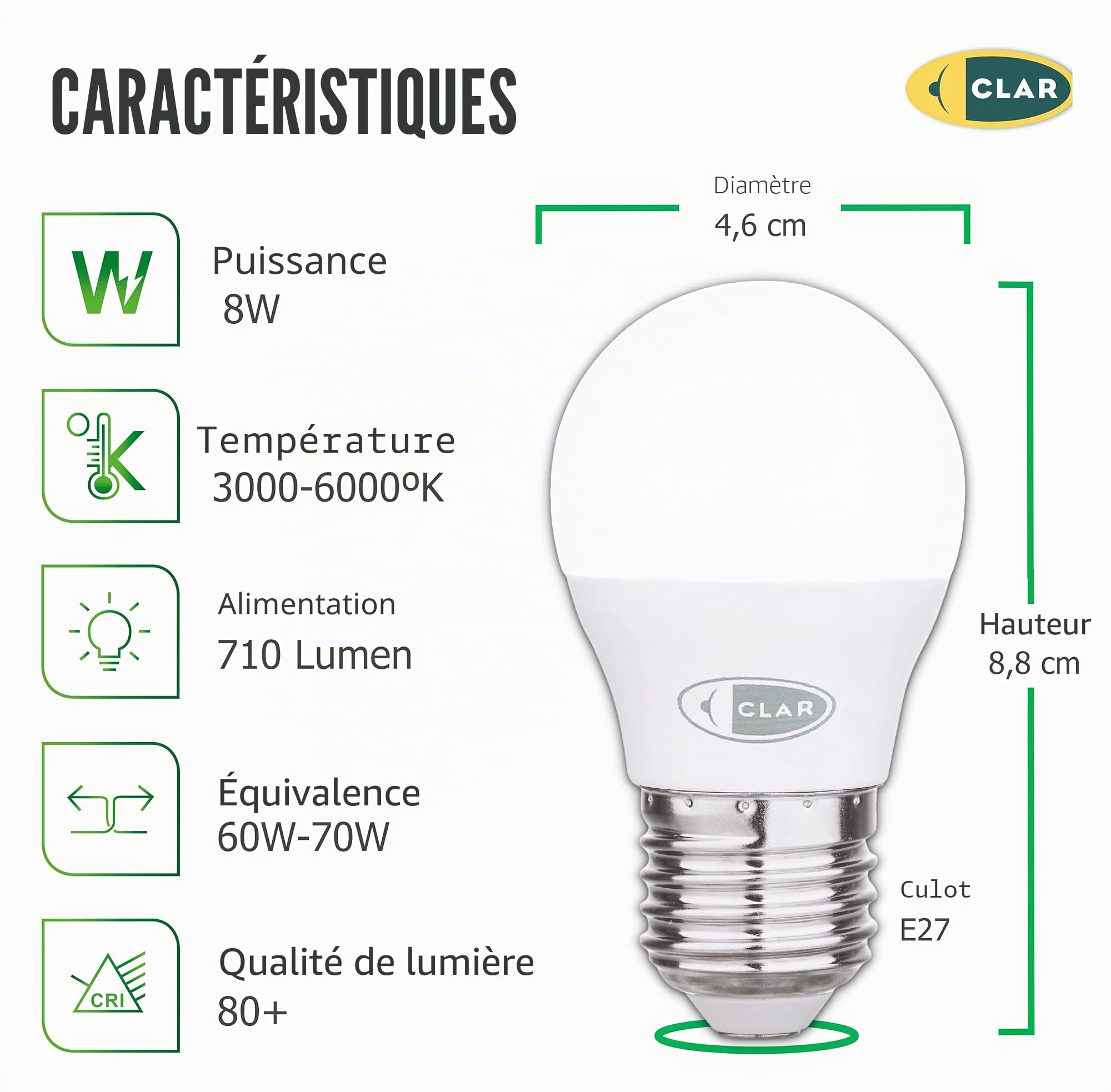 CLAR - Ampoule LED E27 8W, Petite Ampoule LED E27 6000K, Équivalent 60W-70W Blanc Froid 6000K (Pack 20)