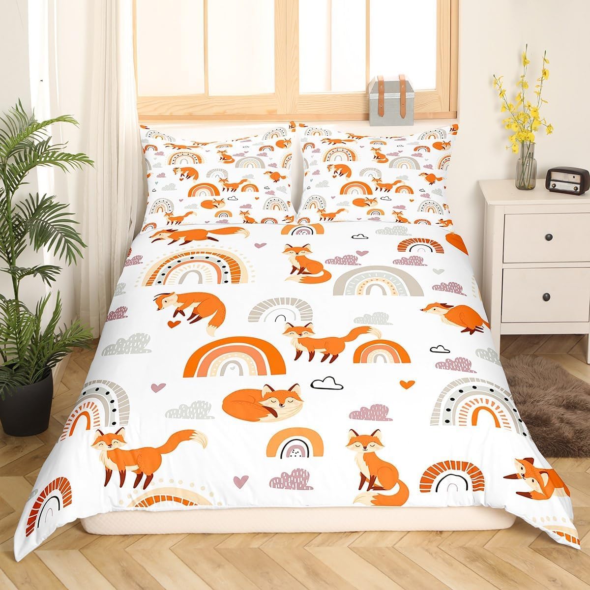 richhome Fox Cotton Duvet Cover Set Single Size Kids Rainbow Cloud Comforter for Boys Girls Teens Cartoon Animal Bedding Set Breathable Cute Duvet Set Room Decor Kawaii Quilt Set - Image 4