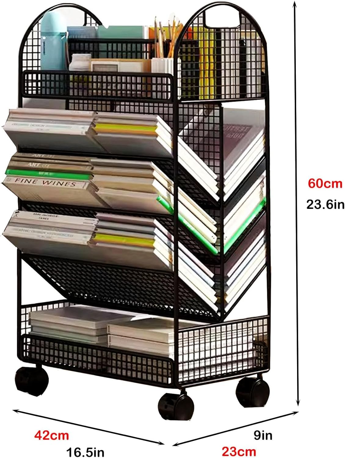 Book cartRolling File cart with Wheels, 5 Tier Mobile Bookshelf cart Rolling Utility cart Metal for School,Bedroom,Classroom,Office,Library,White