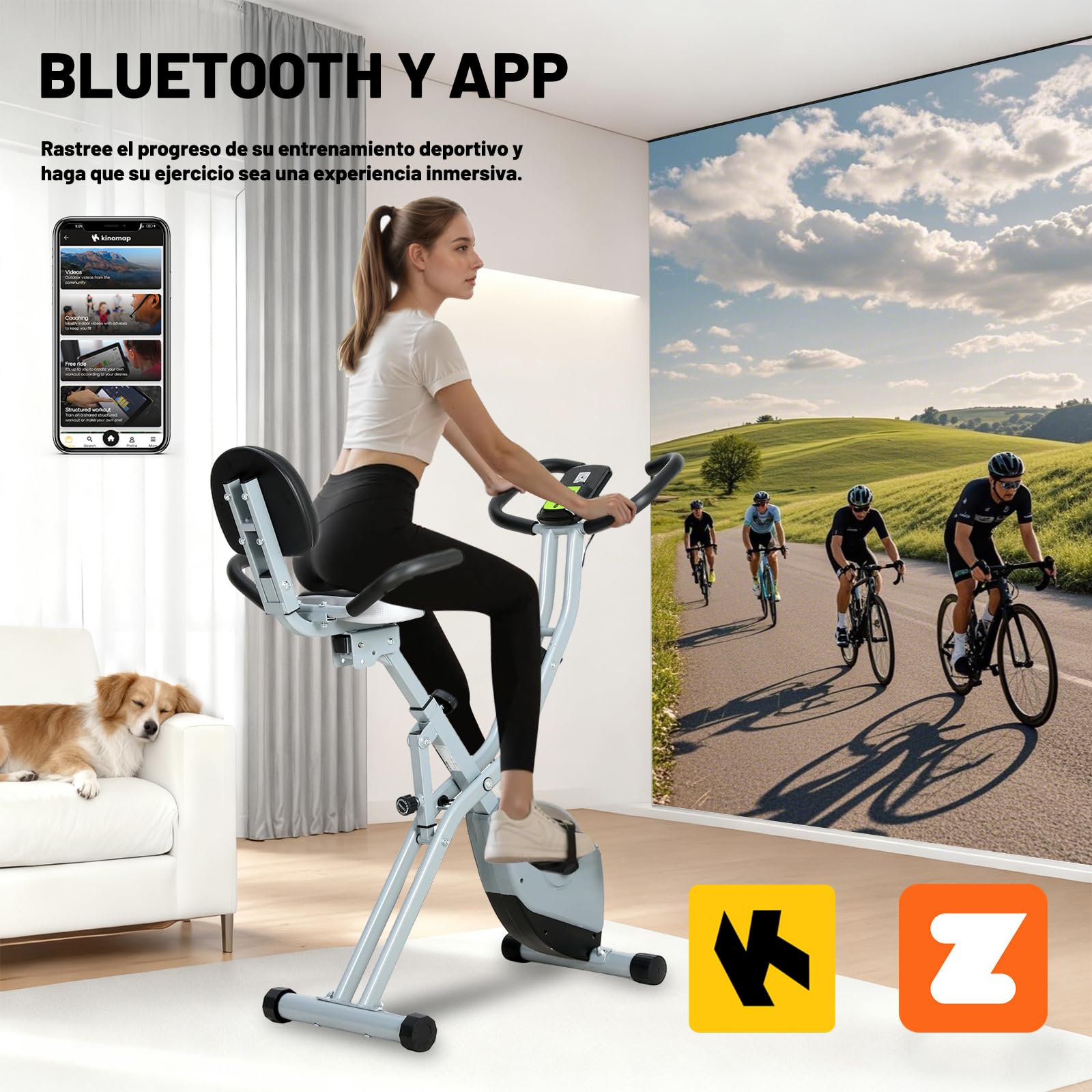 ISE Bicicleta estática plegable con respaldo acolchado, asiento ajustable,pedaleo silencioso, Bici Estatica Plegable con 8 niveles de resistencia,Exercise Bike con LCD pantalla, Bluetooth y APP