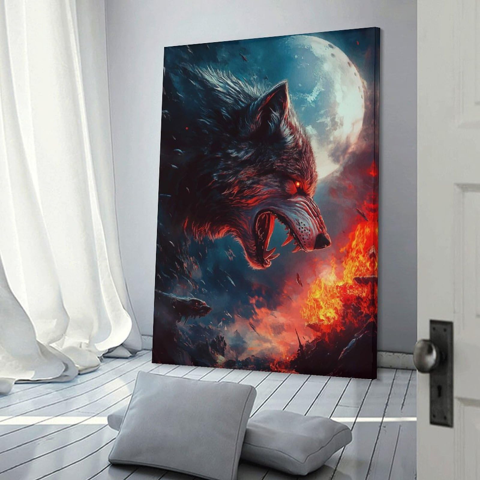 Junmoney Frame-Style-6 Fiery Wolf Under Full Moon Canvas Wall Decor 20X30inch(50X75cm), For Study, Office Or Focused Interiors, Wall Art That Adds Style To Work Areas