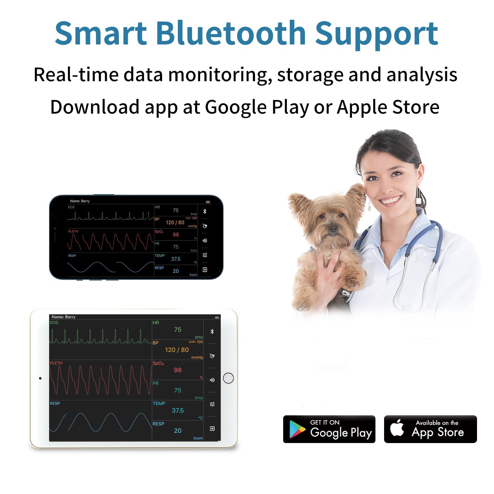 Monitor veterinario para datos de mascotas, presión arterial de perro, gato, corazón, perro, iv, fluidos, gran danés Spo2, leones, presión arterial