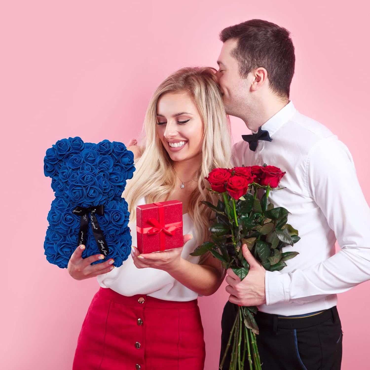 DuHouse Rose Bear Rose Teddy Bear Flower Gift Black Box for Valentines Gifts Anniversary Christmas,Birthdays Bridal Showers -Fully Handmade 10 inch Flower Bear Clear Gift Box (Royal Blue) - Image 3