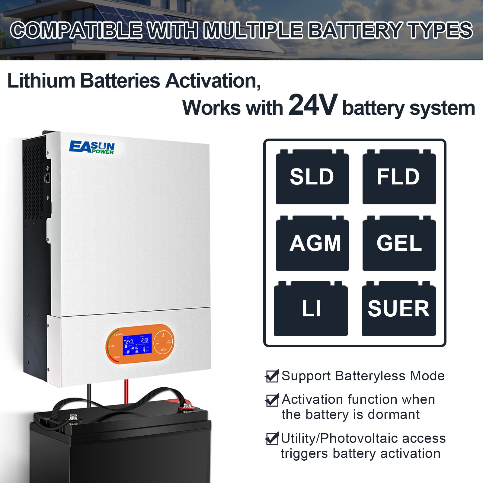 POWLAND 4000W 24V Inverter ibrido da inverter sinusoidale puro off-grid (WiFi incorporato) Controllori solari MPPT da 120A integrati, ingresso/uscita AC240V