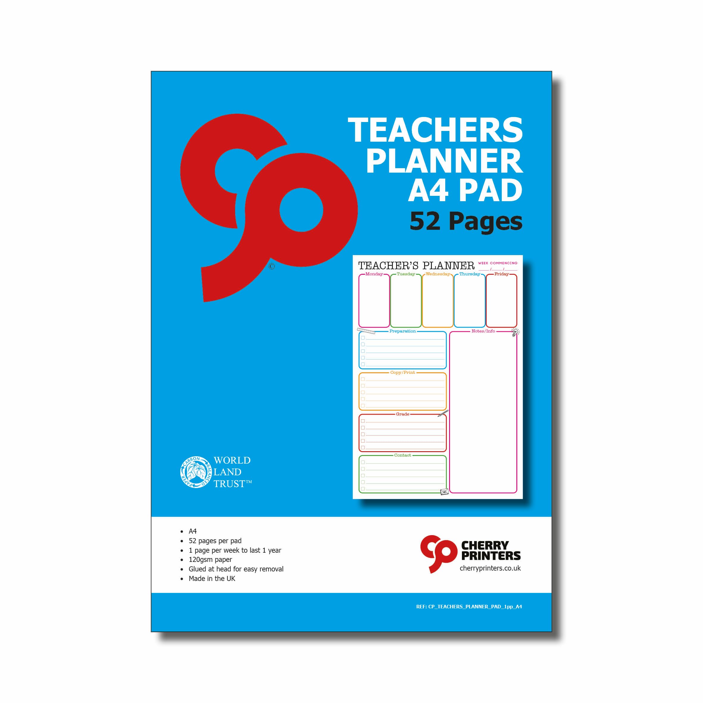 Cherry | Teachers Planner Pad | A4 | 1pp | Perfect for teachers or home school | Glued at head | 100gsm