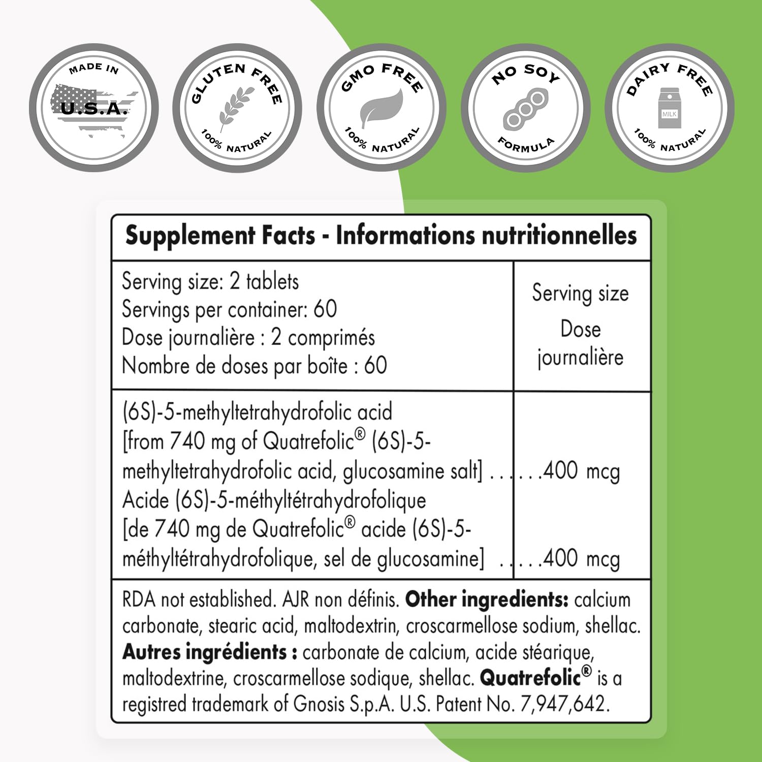 Supersmart - SuperFolate 400mcg / 4g per Day (Patented & Bioavailable) - Quatrefolic 5-MTHF Supplement - Active Folate Vitamin B9 | Non-GMO & Gluten Free - 120 Tablets — Amazon image 4