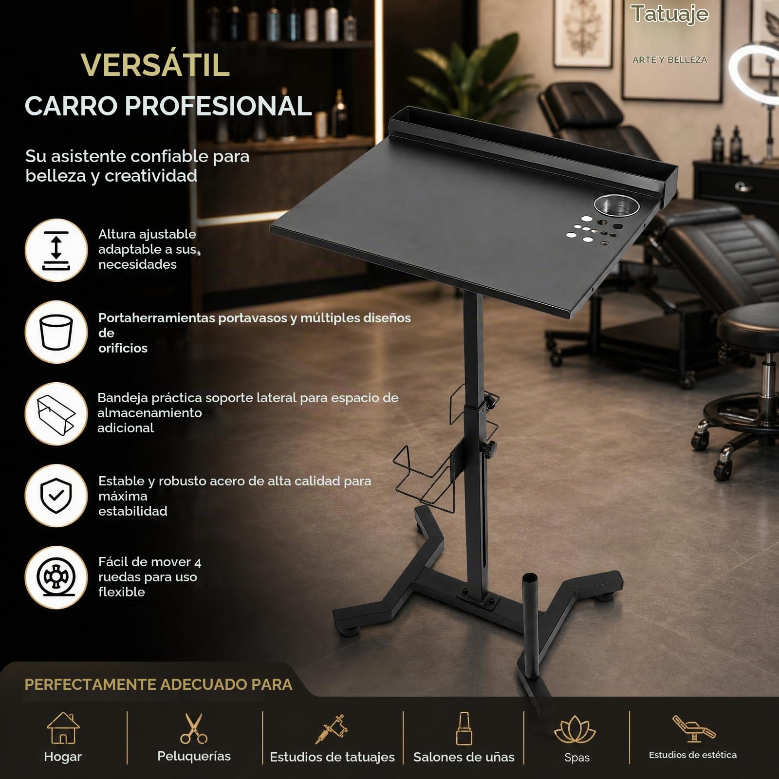 Estación de trabajo de tatuajes, bandeja de salón con ruedas con altura ajustable y almacenamiento multifuncional, ruedas de hierro para salones de peluquería, estudios de tatuaje, salones de