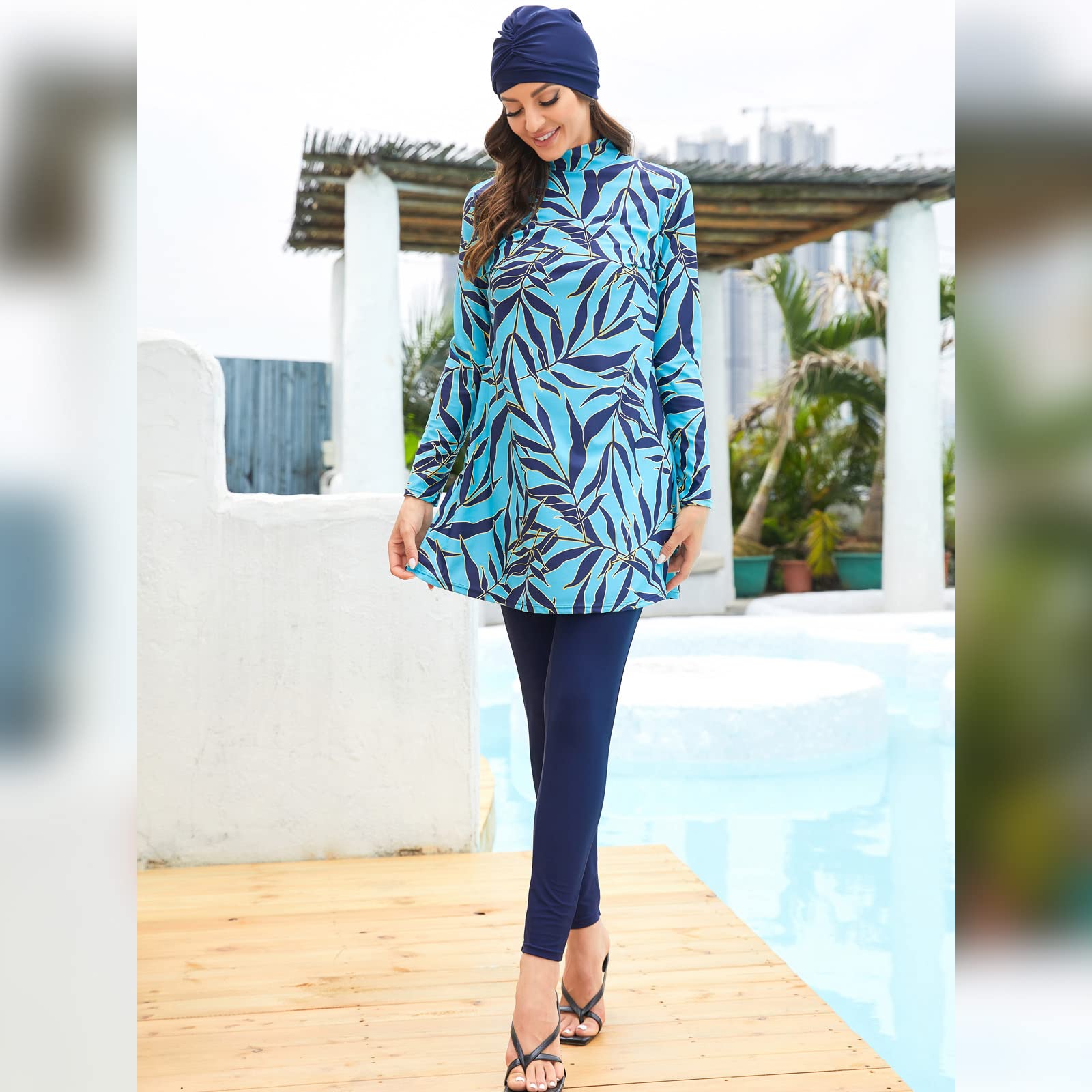 Odizli Maglia da donna musulmana a maniche lunghe con stampa + pantaloni + cuffia da bagno, 3 pezzi Burkini tutto il corpo