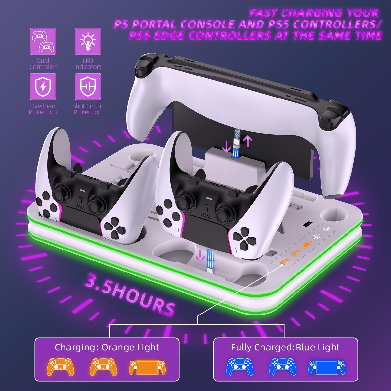 PS5 Pro/PS5/PS5 Slim Ständer mit PS Portal und PS5 Controller Ladestation, PS5 Vertikale Klammer mit 3 Stufig Lüfter Gleichzeitiges Laden von DREI Geräten, Lagerung für PS5 Zubehör (Weiß für PS5 Pro)