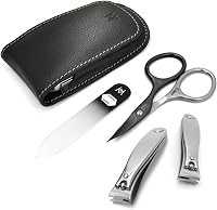 GERMANIKURE 4pc Manicure Set: Handmade Solingen Germany FINOX Steel Nail Clippers, Self-Sharpening Scissors, Czech Glass File, Leather Case