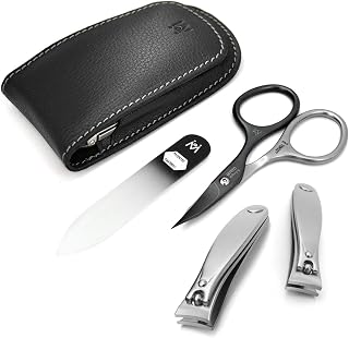 GERMANIKURE 4pc Manicure Set: Handmade Solingen Germany FINOX Steel Nail Clippers, Self-Sharpening Scissors, Czech Glass File, Leather Case