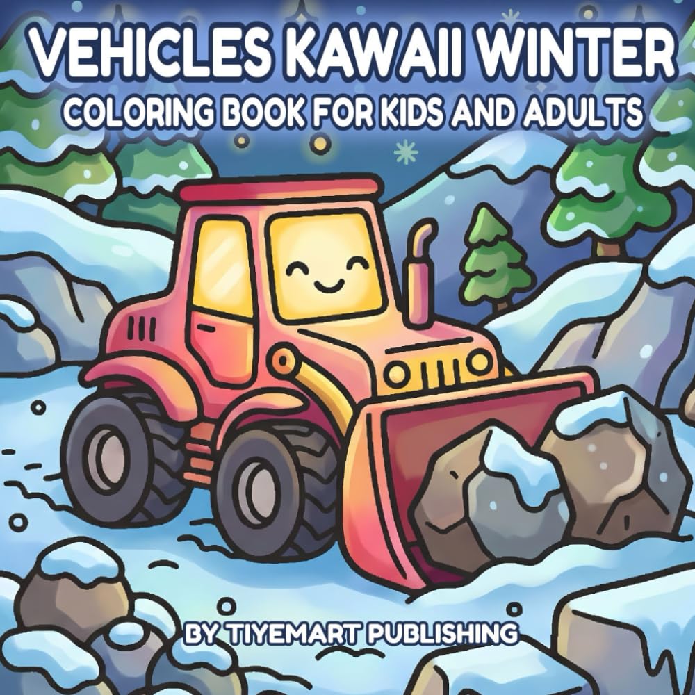 Vehicles Kawaii Winter Coloring Book: Cozy & Adorable Scenes for Kids and Adults | Cute & Sweet Snowy Season Days | Simple Fun and Easy Seasonal Pages for Relaxing & Stress Relief