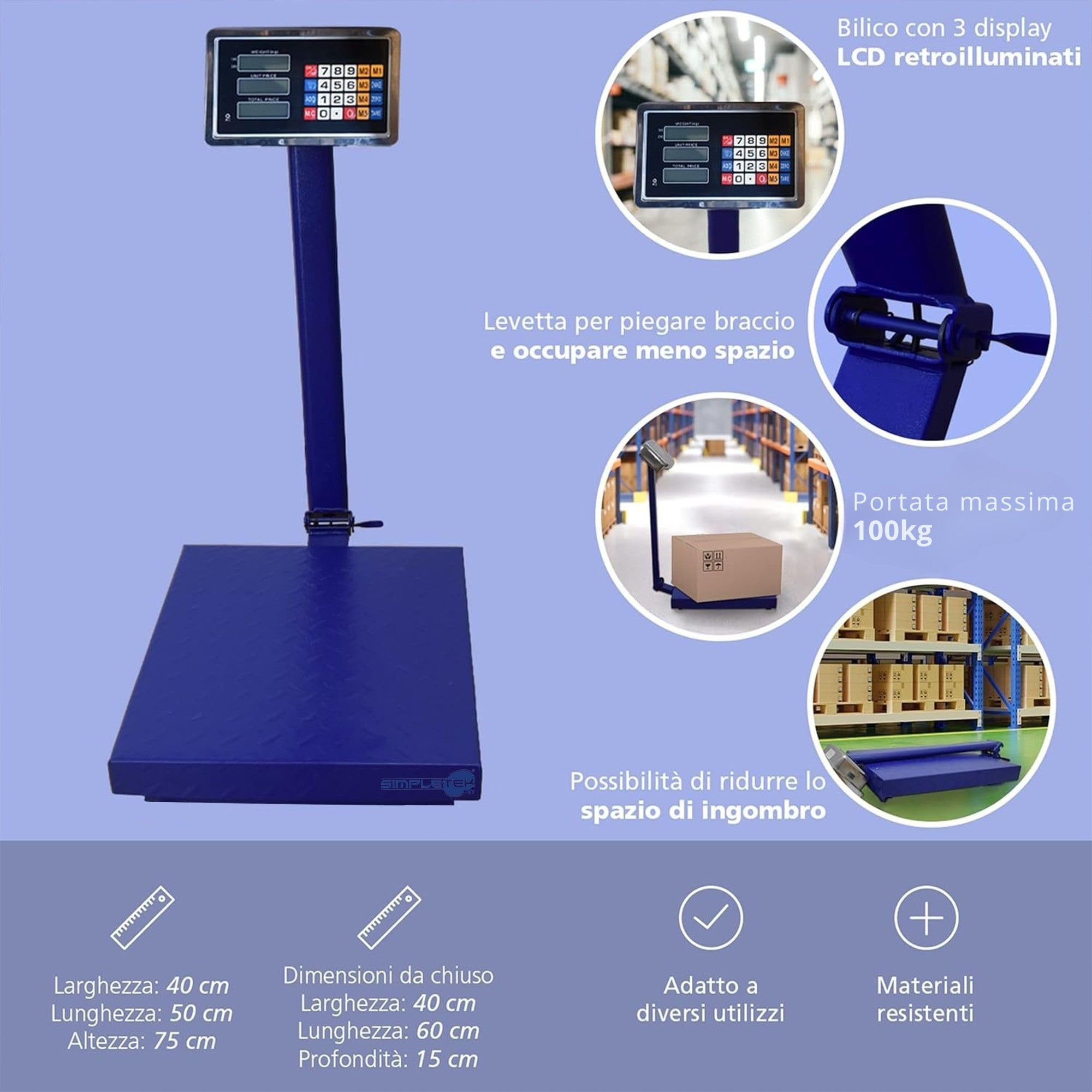 SIMPLETEK - Báscula de banco electrónica con batería integrada recargable fija para tienda | máx. 100 kg con pantalla sin ruedas